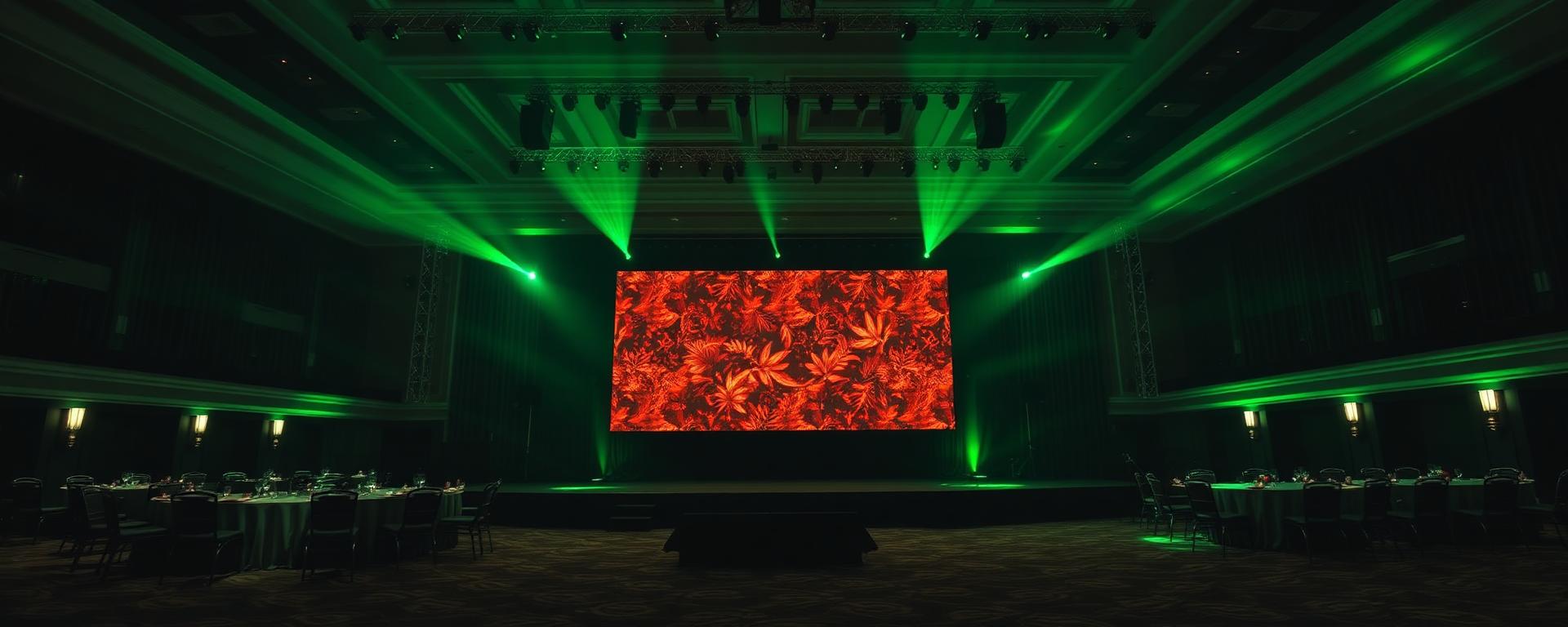 Hotel ballroom with a large LED video wall and event lighting