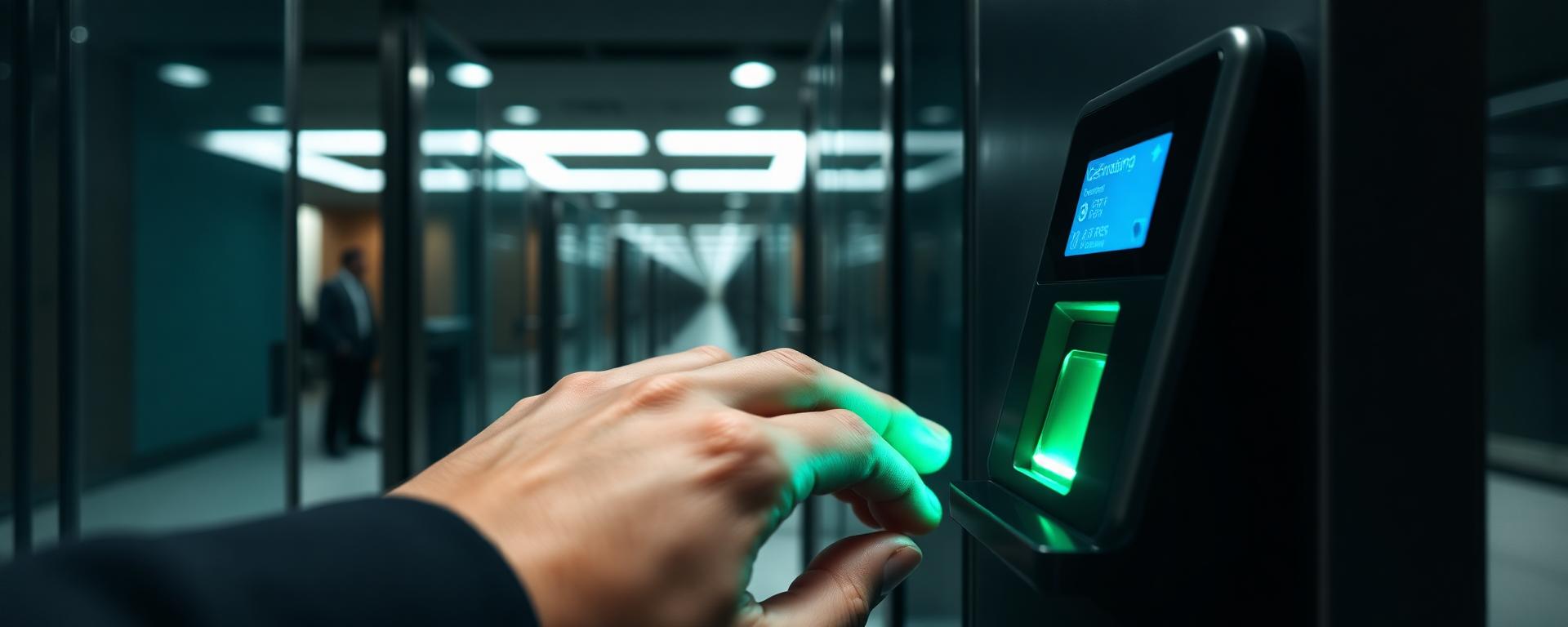 Fingerprint biometric access reader at an office entrance