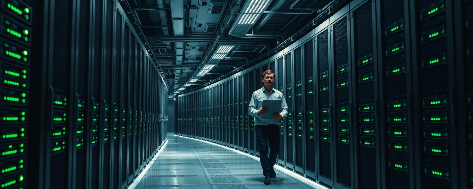 Engineer walking a data center corridor between server racks