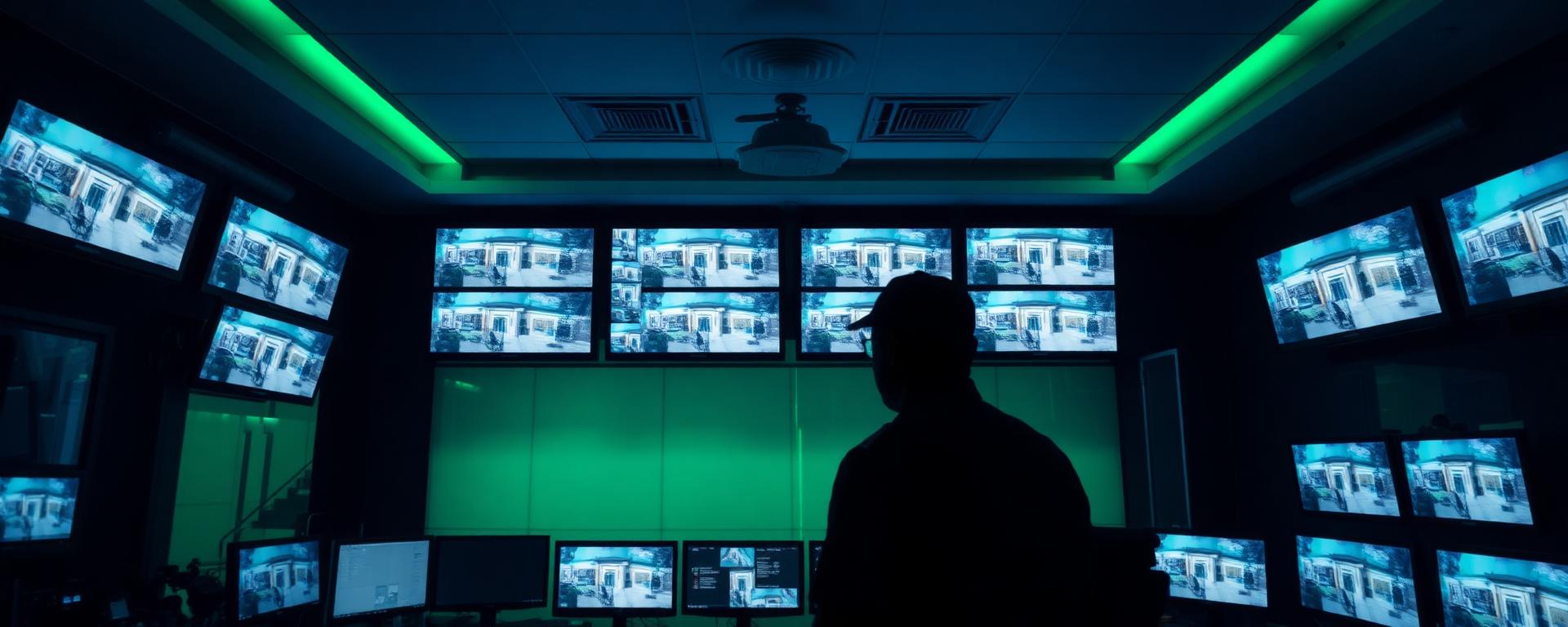 Security operations room with a wall of CCTV monitors