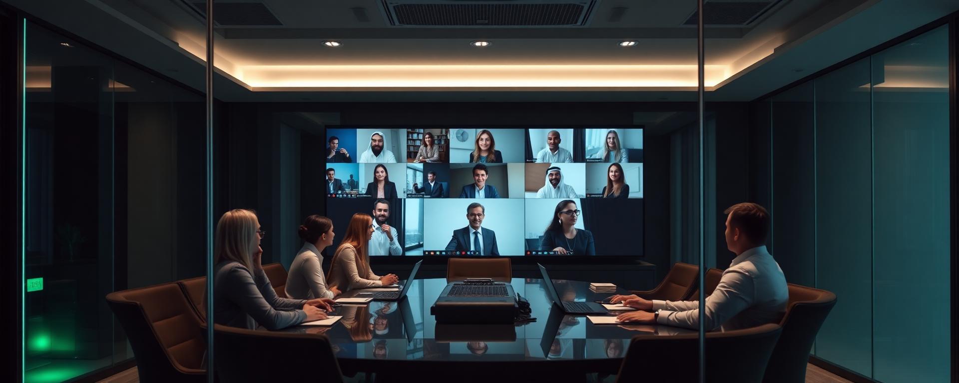 Team on a video conference call in a modern glass meeting room